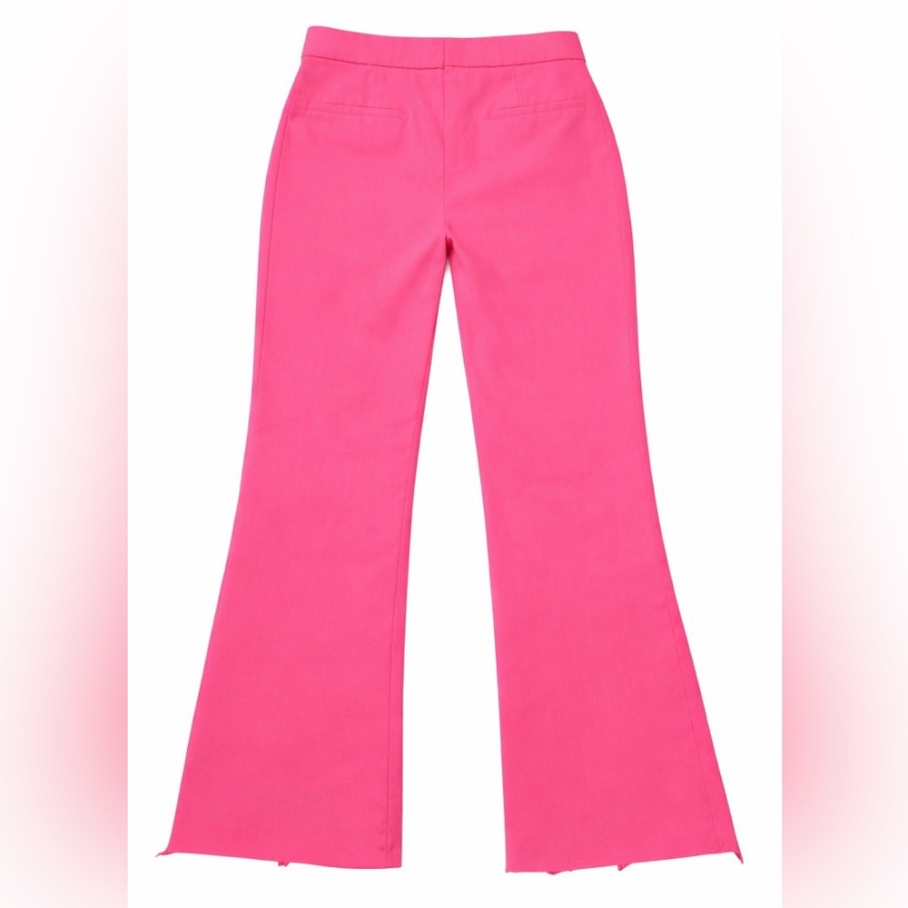 Zara Cropped Neon Coral High Waist Flare Pants Raw Hem Size S NWOT - Picture 2 of 8